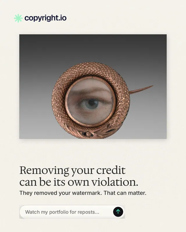 Instagram portrait post for copyright.io: "Removing your credit can be its own violation." Agentic glass style, bottom layout, light palette in grey, white.