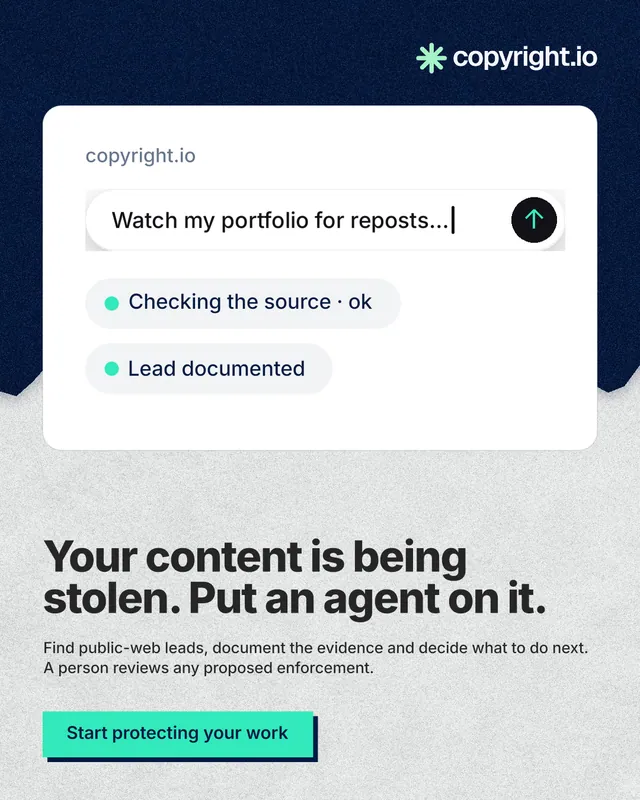 Instagram portrait post for copyright.io: "Your content is being stolen. Put an agent on it." Paper trio style, bottom layout, light palette in white, blue.