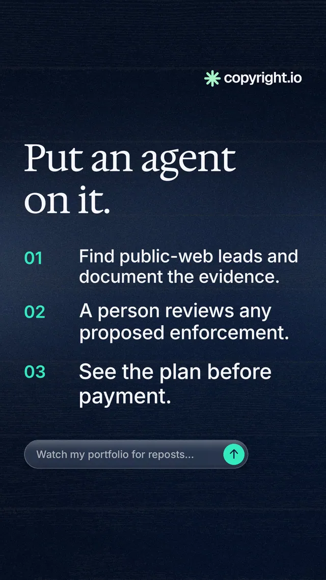 Instagram story for copyright.io: "Put an agent on it." Agentic glass style, numbered layout, dark palette in blue, black.