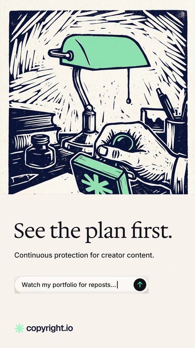 Instagram story for copyright.io: "See the plan first." Agentic glass style, bottom layout, light palette in white, grey.