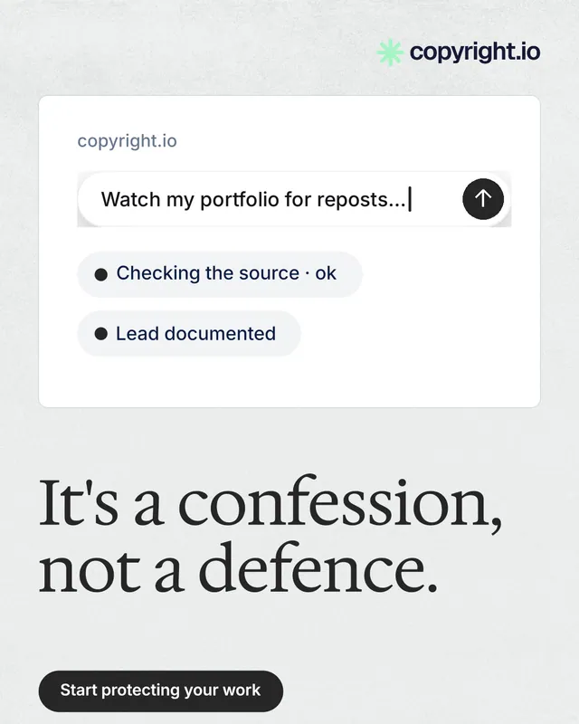 Instagram portrait post for copyright.io: "It's a confession, not a defence." Data card style, bottom layout, light palette in white, grey.