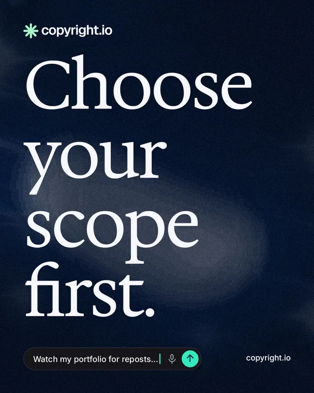 Instagram portrait post for copyright.io: "Choose your scope first." Thermal style, poster layout, dark palette in blue, black, grey.