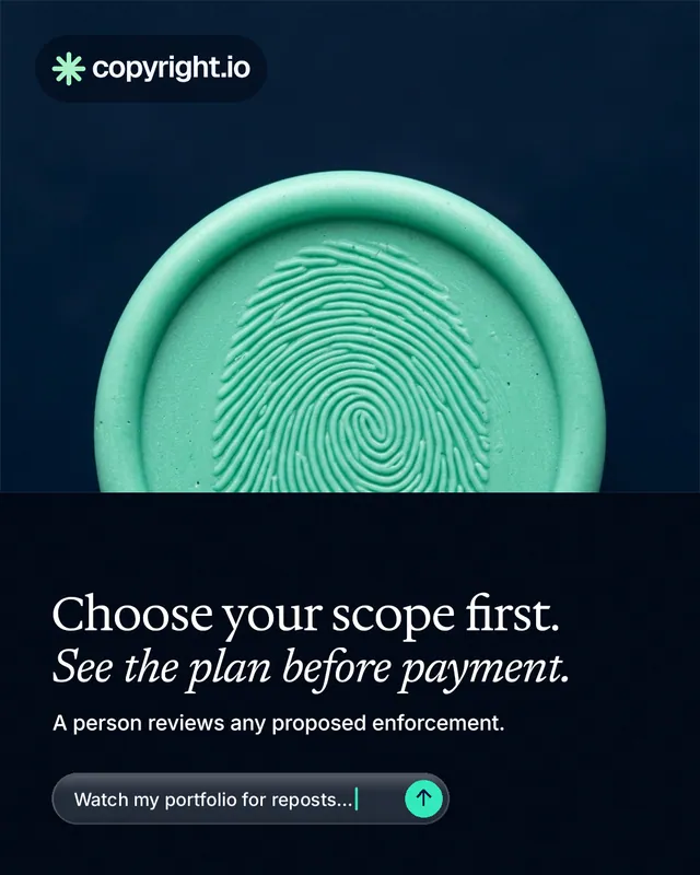 Instagram portrait post for copyright.io: "Choose your scope first. See the plan before payment." Agentic glass style, bottom layout, dark palette in black, teal, blue.