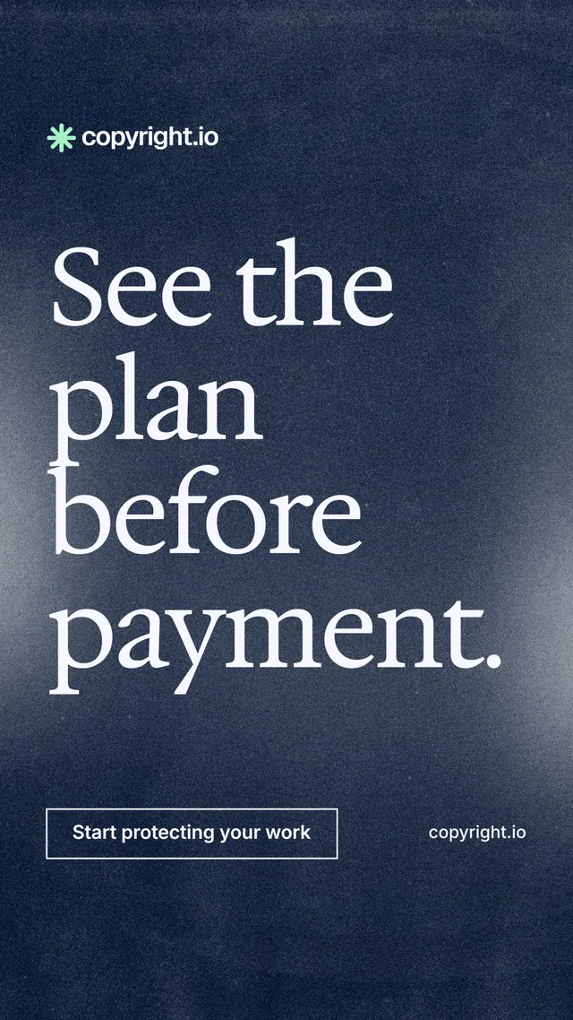 Instagram story for copyright.io: "See the plan before payment." Cyanotype style, poster layout, dark palette in blue, grey.