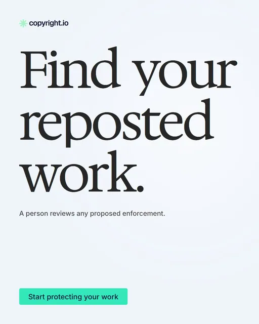 Video for copyright.io: "Find your reposted work.". Doc motion loop, 7.0 s, light palette.