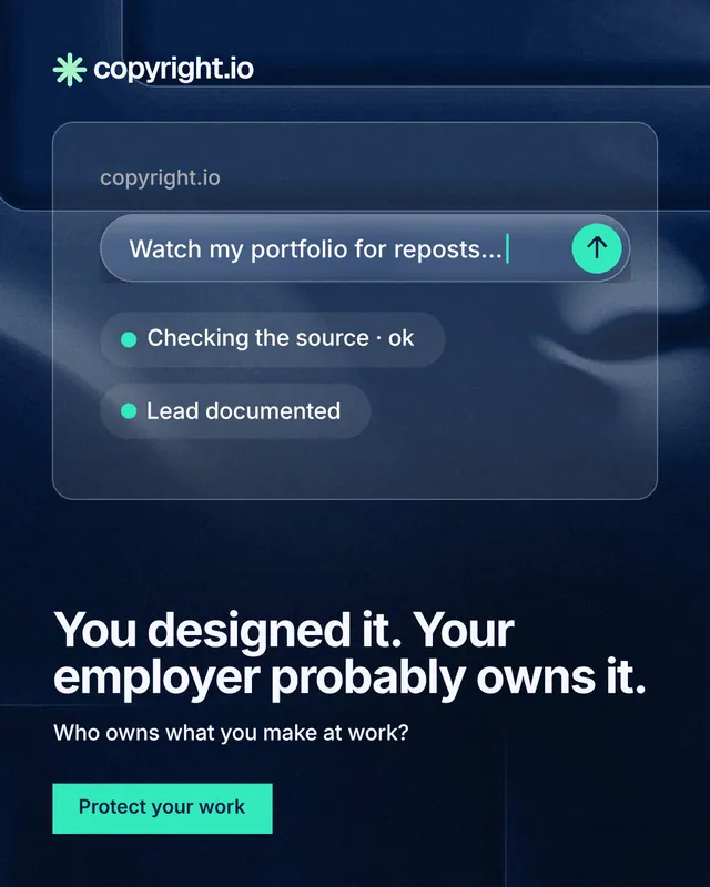 Instagram portrait post for copyright.io: "You designed it. Your employer probably owns it." Swiss style, bottom layout, dark palette in blue, black.