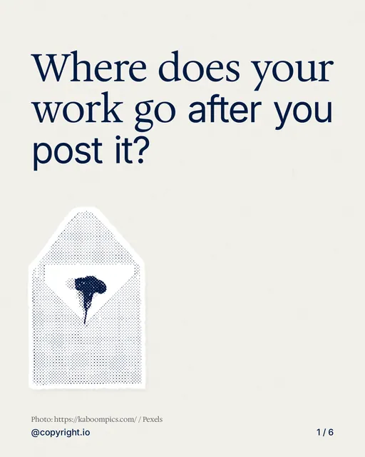 Carousel for copyright.io: "Where does your work go after you post it?". Cutout essay, 6 slides, light palette.