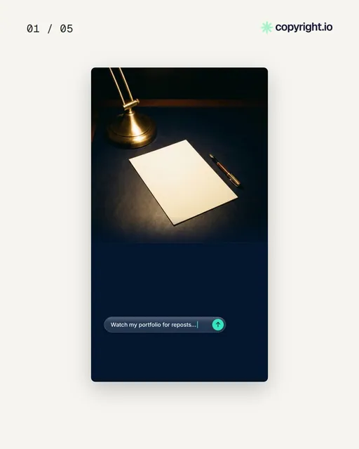 Video for copyright.io. Ad flipbook, 7.5 s, light palette.