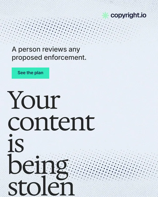 Instagram portrait post for copyright.io: "Your content is being stolen." Swiss style, oversized layout, light palette in white, blue, grey.