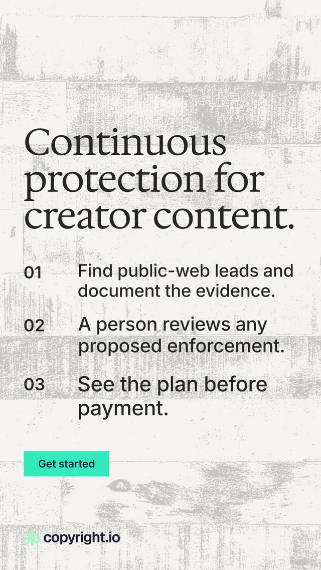 Instagram story for copyright.io: "Continuous protection for creator content." Swiss style, numbered layout, light palette in white, grey.