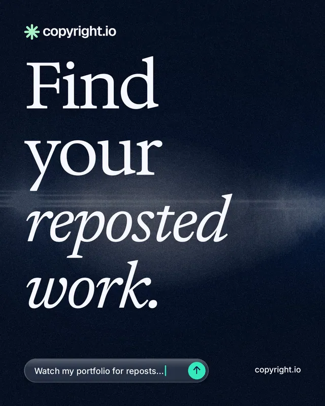 Instagram portrait post for copyright.io: "Find your reposted work." Thermal style, poster layout, dark palette in black, blue, grey.