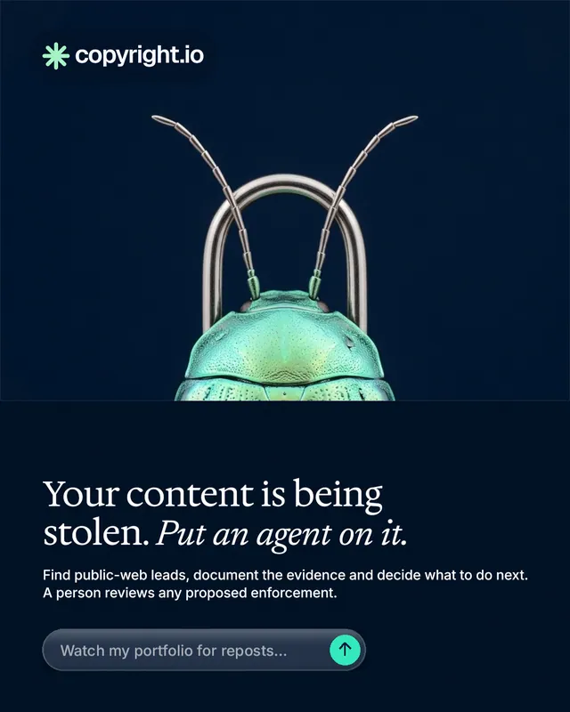 Instagram portrait post for copyright.io: "Your content is being stolen. Put an agent on it." Agentic glass style, bottom layout, dark palette in black, blue.