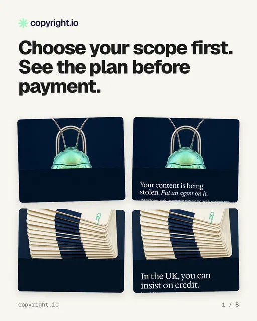 Carousel for copyright.io: "Choose your scope first. See the plan before payment.". Collection carousel, 8 slides, light palette.