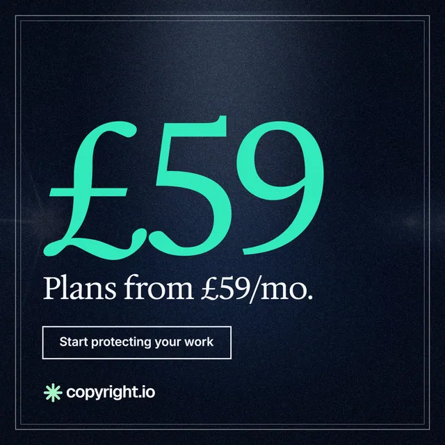 Instagram post for copyright.io: "Your content is being stolen. Put an agent on it." Dark deco style, stat layout, dark palette in blue, black, teal.