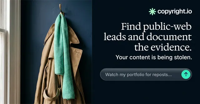 Social ad for copyright.io: "Find public-web leads and document the evidence." Agentic glass style, right layout, dark palette in black, grey.