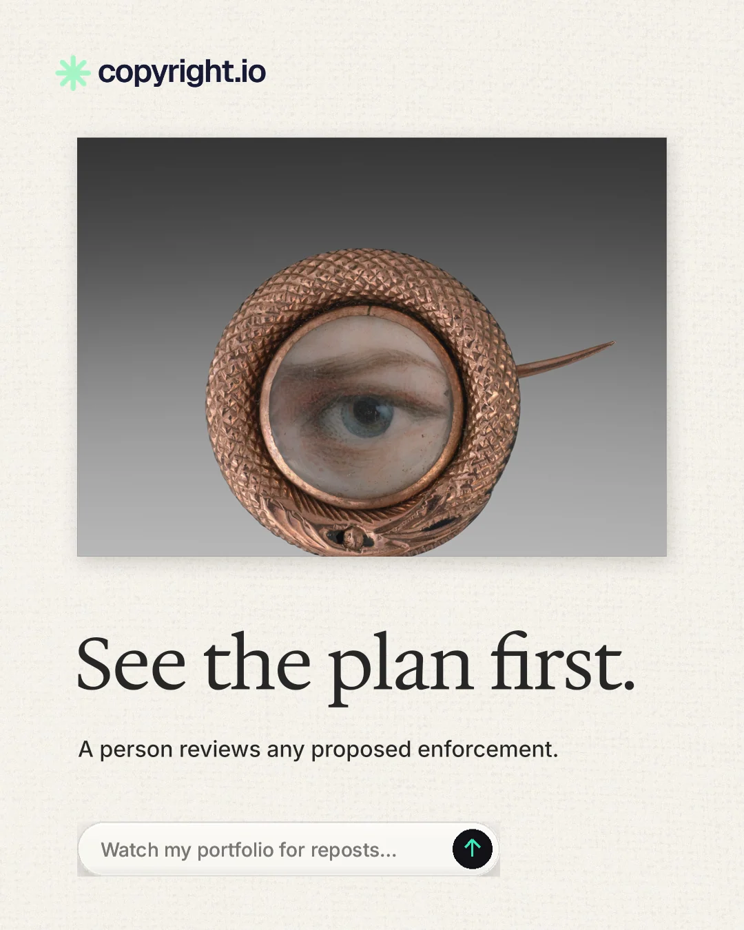 Instagram portrait post for copyright.io: "See the plan first." Agentic glass style, bottom layout, light palette in grey, white.
