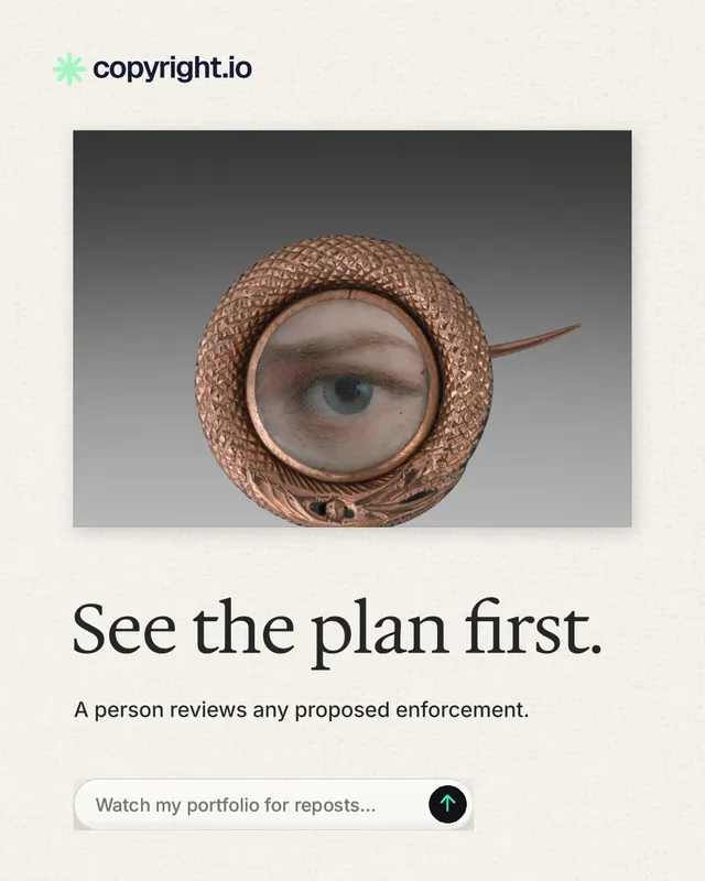 Instagram portrait post for copyright.io: "See the plan first." Agentic glass style, bottom layout, light palette in grey, white.