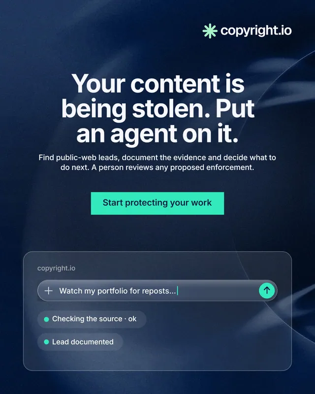 Instagram portrait post for copyright.io: "Your content is being stolen. Put an agent on it." Swiss style, centred layout, dark palette in blue, black, teal.