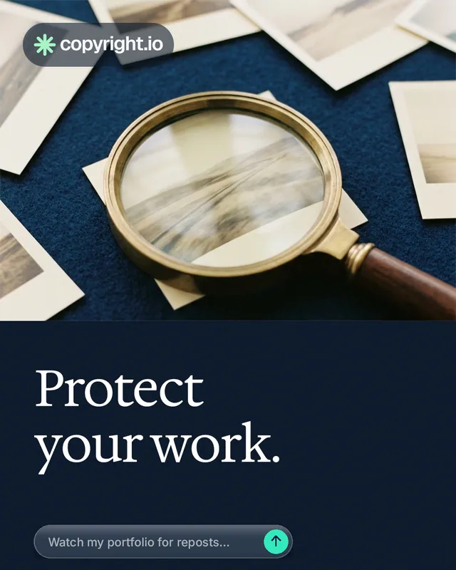 Instagram portrait post for copyright.io: "Protect your work." Agentic glass style, bottom layout, dark palette in blue, yellow, grey.