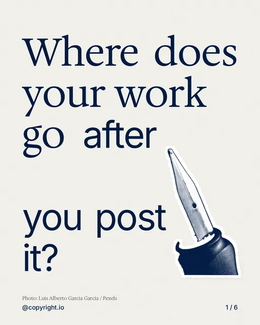 Carousel for copyright.io: "Where does your work go after you post it?". Cutout essay, 6 slides, light palette.