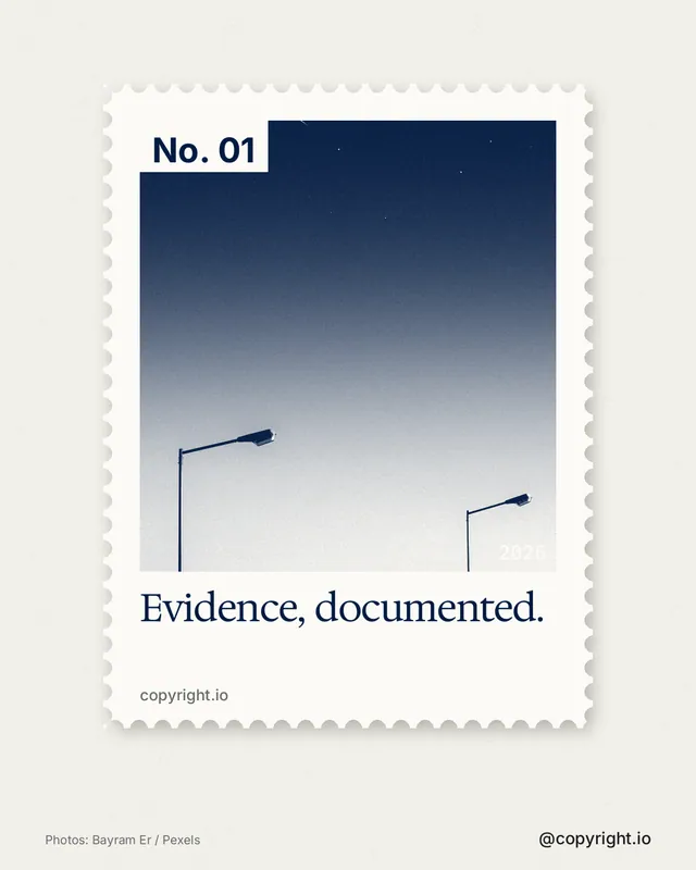 Instagram portrait post for copyright.io: "Evidence, documented." Single style, technique:stamp series layout, light palette in white, grey.