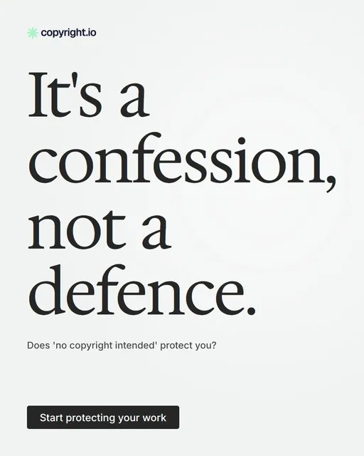 Video for copyright.io: "It's a confession, not a defence.". Doc motion loop, 8.0 s, light palette.