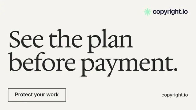 Landscape graphic for copyright.io: "See the plan before payment." Editorial style, poster layout, light palette in white, grey.