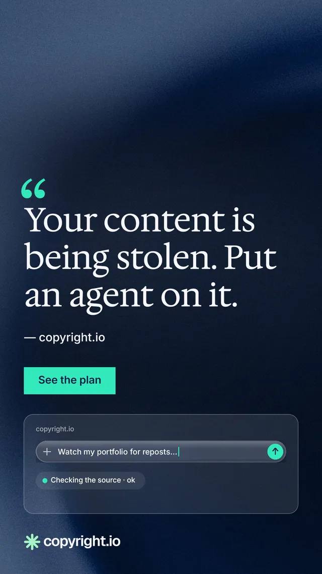 Instagram story for copyright.io: "Your content is being stolen. Put an agent on it." Swiss style, quote layout, dark palette in blue, black.
