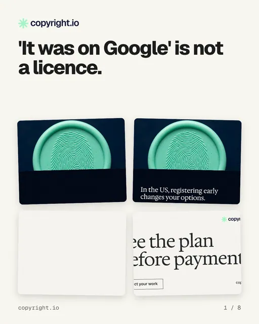 Carousel for copyright.io: "'It was on Google' is not a licence.". Collection carousel, 8 slides, light palette.