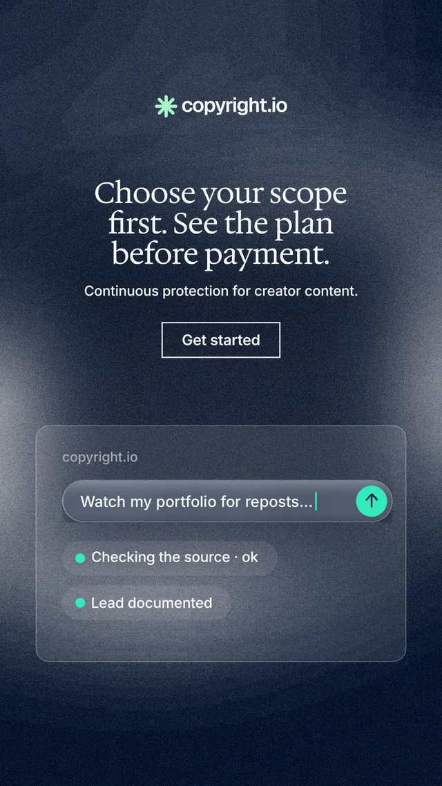 Instagram story for copyright.io: "Choose your scope first. See the plan before payment." Cyanotype style, centred layout, dark palette in blue, grey.