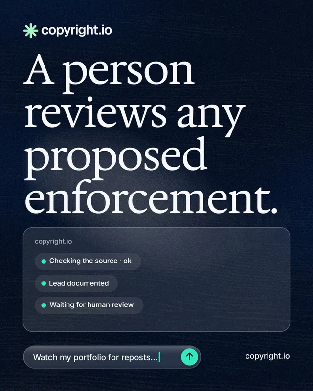 Instagram portrait post for copyright.io: "A person reviews any proposed enforcement." Thermal style, poster layout, dark palette in blue, black, grey.