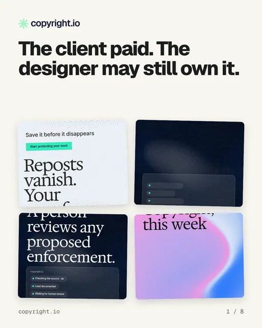 Carousel for copyright.io: "The client paid. The designer may still own it.". Collection carousel, 8 slides, light palette.