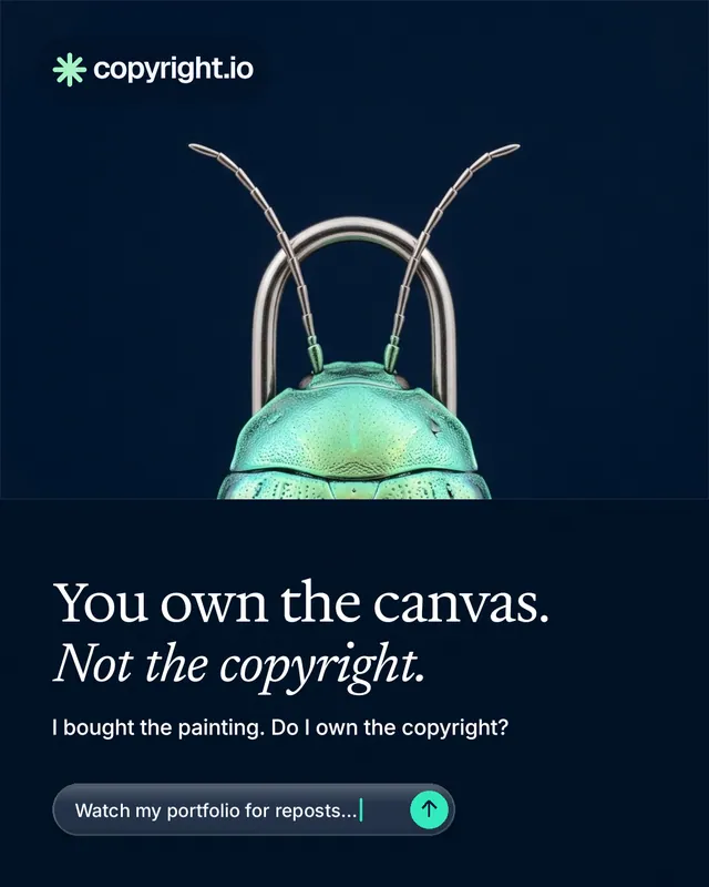 Instagram portrait post for copyright.io: "You own the canvas. Not the copyright." Agentic glass style, bottom layout, dark palette in black, blue.