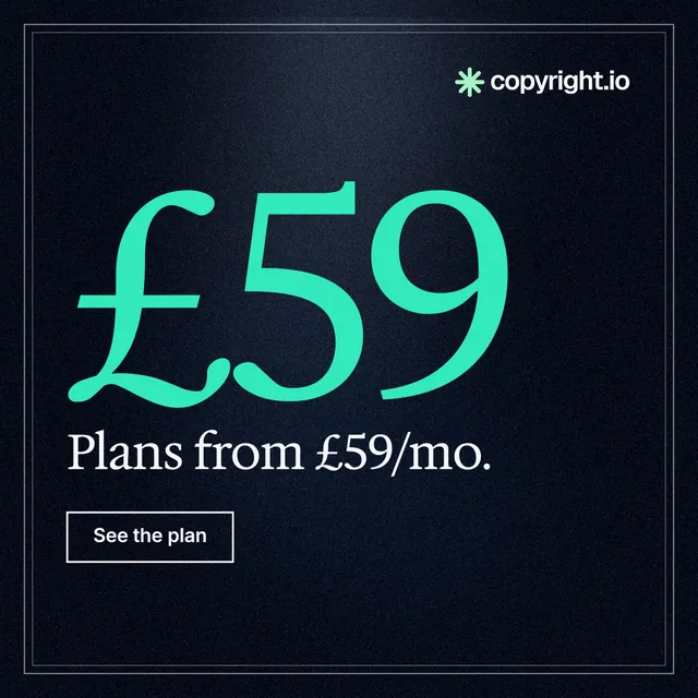 Instagram post for copyright.io: "See the plan first." Dark deco style, stat layout, dark palette in black, teal.