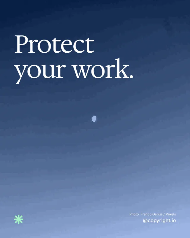 Instagram portrait post for copyright.io: "Protect your work." Duotone style, technique:pexels ingredient layout, dark palette in blue.