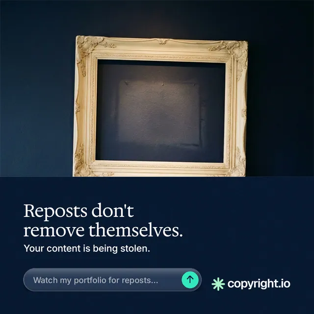 Instagram post for copyright.io: "Reposts don't remove themselves." Agentic glass style, bottom layout, dark palette in black, blue, grey.