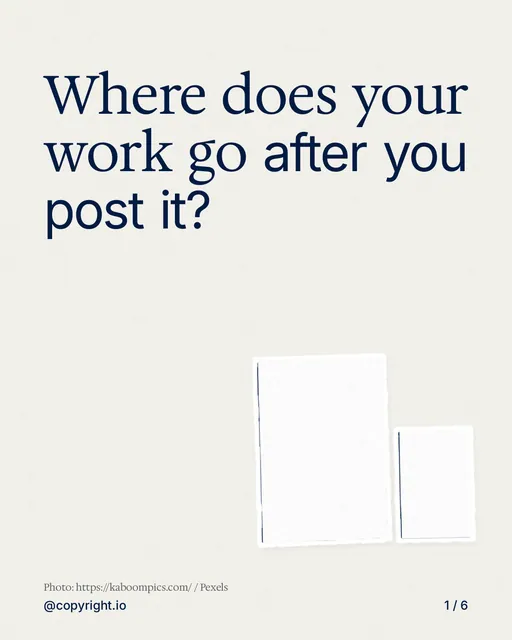 Carousel for copyright.io: "Where does your work go after you post it?". Cutout essay, 6 slides, light palette.