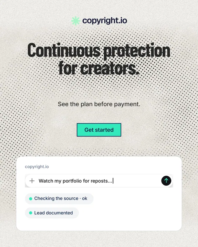 Instagram portrait post for copyright.io: "Continuous protection for creators." Ink sticker style, centred layout, light palette in white, grey.