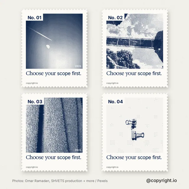 Instagram post for copyright.io: "Choose your scope first." Sheet style, technique:stamp series layout, light palette in white, grey.