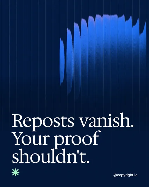 Video for copyright.io: "Reposts vanish. Your proof shouldn't.". Shader loop, 6.0 s, dark palette.