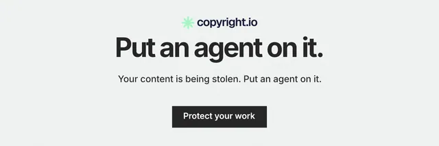 X header for copyright.io: "Put an agent on it." Swiss style, centred layout, light palette in white.