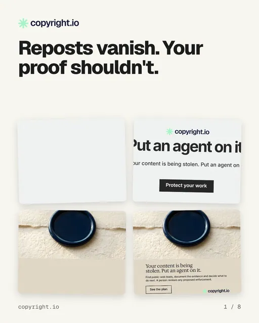 Carousel for copyright.io: "Reposts vanish. Your proof shouldn't.". Collection carousel, 8 slides, light palette.