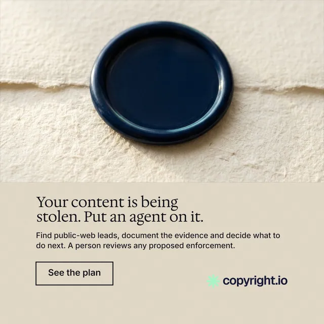 Instagram post for copyright.io: "Your content is being stolen. Put an agent on it." Editorial style, bottom layout, light palette in orange, yellow, grey.