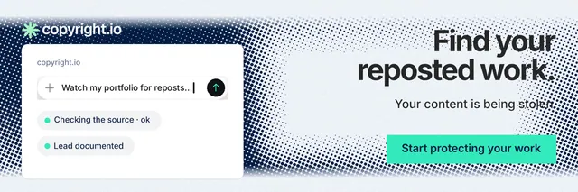 X header for copyright.io: "Find your reposted work." Swiss style, right layout, light palette in white, grey, teal.