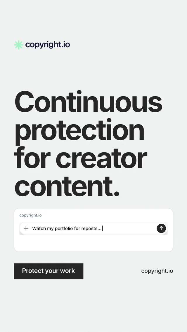 Instagram story for copyright.io: "Continuous protection for creator content." Swiss style, poster layout, light palette in white, grey.
