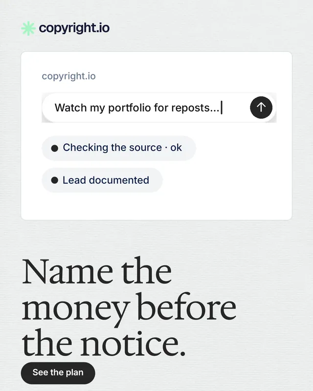 Instagram portrait post for copyright.io: "Name the money before the notice." Data card style, bottom layout, light palette in white, grey.
