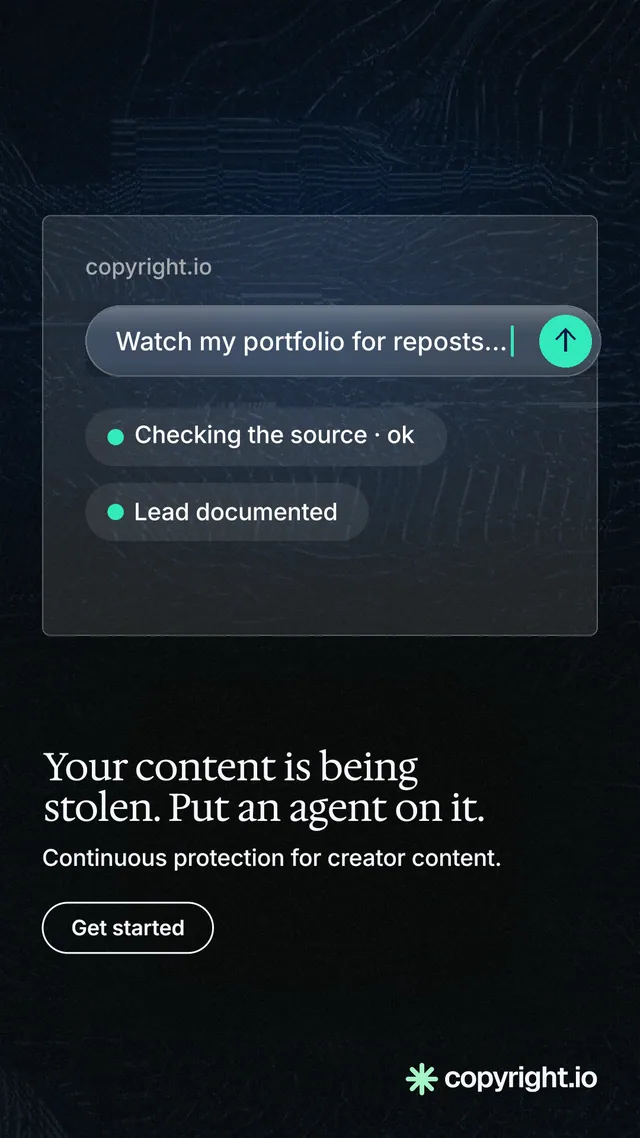 Instagram story for copyright.io: "Your content is being stolen. Put an agent on it." Phosphor atlas style, bottom layout, dark palette in blue, black, grey.