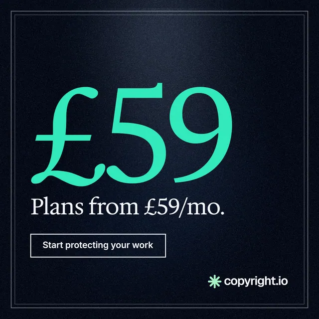 Instagram post for copyright.io: "Your content is being stolen. Put an agent on it." Dark deco style, stat layout, dark palette in black, teal.