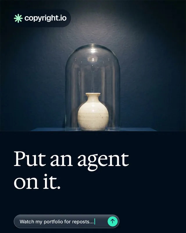 Instagram portrait post for copyright.io: "Put an agent on it." Agentic glass style, bottom layout, dark palette in black, blue, grey.