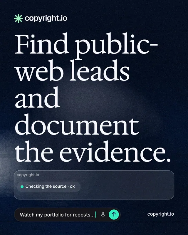 Instagram portrait post for copyright.io: "Find public-web leads and document the evidence." Thermal style, poster layout, dark palette in black, blue, grey.